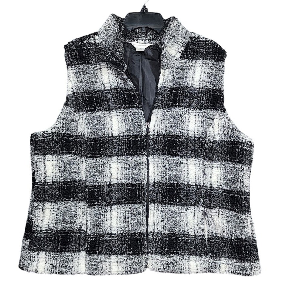 Christopher & Banks Plaid‎ Zip Up Vest XL Black White Sleeveless Pockets Sherpa
